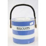 T G Green Blue and White Cornishware Biscuit Barrell (with black shield mark ) (a/f)