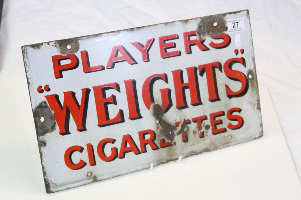 Vintage Enamel Advertising sign "Players Weights Cigarettes", measures approx 45 x 25cm