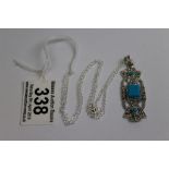 Silver and Turquoise Paneled Drop Pendant Necklace set with Marcasites