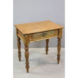 Pine Side Table / Desk with Single Drawer raised on Turned Baluster Legs, 75cms wide x 53cms deep