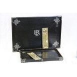 Two Vintage Oriental Ebonised Serving Trays with White Metal Mounts including Oriental Letters /