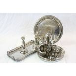 Collection of Silver Plate including Two Gallery Trays, another Tray, Four Piece Tea Service and