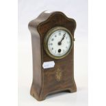 Edwardian Wooden cased miniature Mantle Clock, key wind with Enamel dial, stands approx 17cm