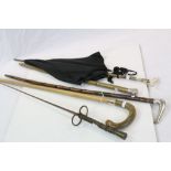Three vintage walking sticks, to include Silver topped, a Mother of Pearl handled Umbrella and a