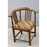 George III Style Provincial Elm Corner Chair with scroll arms and square reeded splats, later