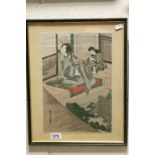 Katsushika Hokusai, Signed Japanese Woodblock Portrait of Two Geishas in an Interior