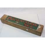 Early 20th century Wooden Cricket Stump Set contained in a Pine Box marked ' L & B Ltd The