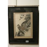 Oriental School, Japanese Woodcut Study of an Owl perched on a Branch