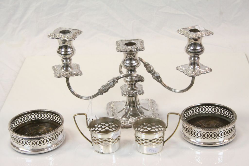 Viners Silver Plated Three Branch Candelabra together with a Pair of Silver Plated and Wooden Wine