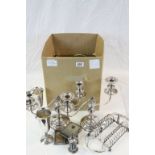 Collection of Silver Plate including a Pair of Two Branch Candelabra, Toast Rack, Goblets, Egg