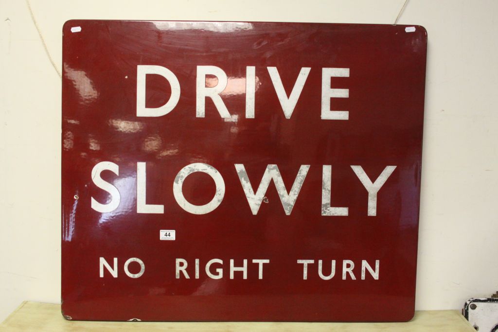 Large vintage Enamel sign "Drive Slowly No Right Turn" in Midland Railway colours, measures approx - Image 2 of 4