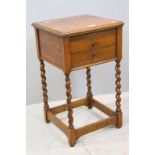 Early 20th century Oak Work Table with Lift Lid, Two Drawers and raised on Barley-twist Legs,