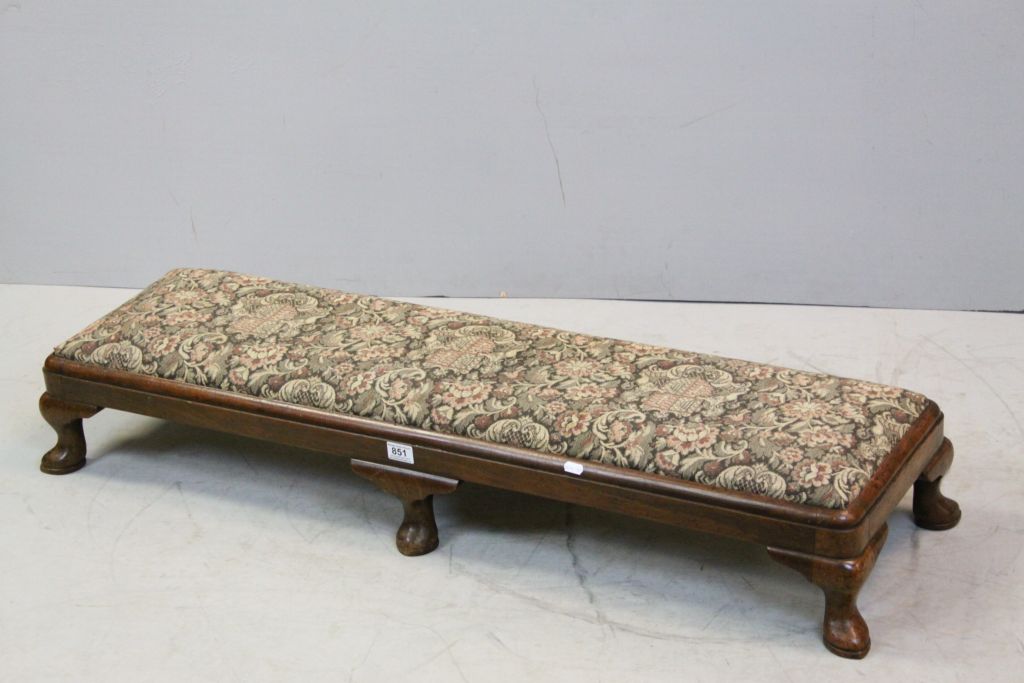 Early 20th century Mahogany Long Footstool with Drop In Upholstered Seat raised on Six Cabriole Legs