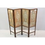 Late 19th / Early 20th century Mahogany Four Fold Screen, with embroidered silk panels, each