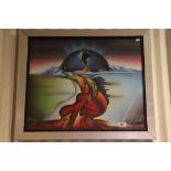 Modern School Signed Painting of Surrealist Planet Scene