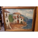 Oil on Board Impressionist Scene Mediterranean Villa by the Coast, signed