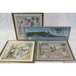 Three Framed and Glazed South Asian Needleworks on Cloth together with Chinese Print on Cloth of