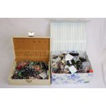 Two boxes of mixed costume jewellery to include semi precious gem set rings and bracelets,