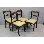 Set of Four Regency Mahogany Dining Chairs, Brass Inlaid with Shaped Splats, Upholstered Drop In