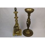 Heavy Brass Column Table Lamp plus a Brass Candle Stand