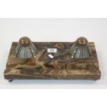 Art Deco style Onyx & white metal Ink Stand with double inkwell, standing on four ball feet,