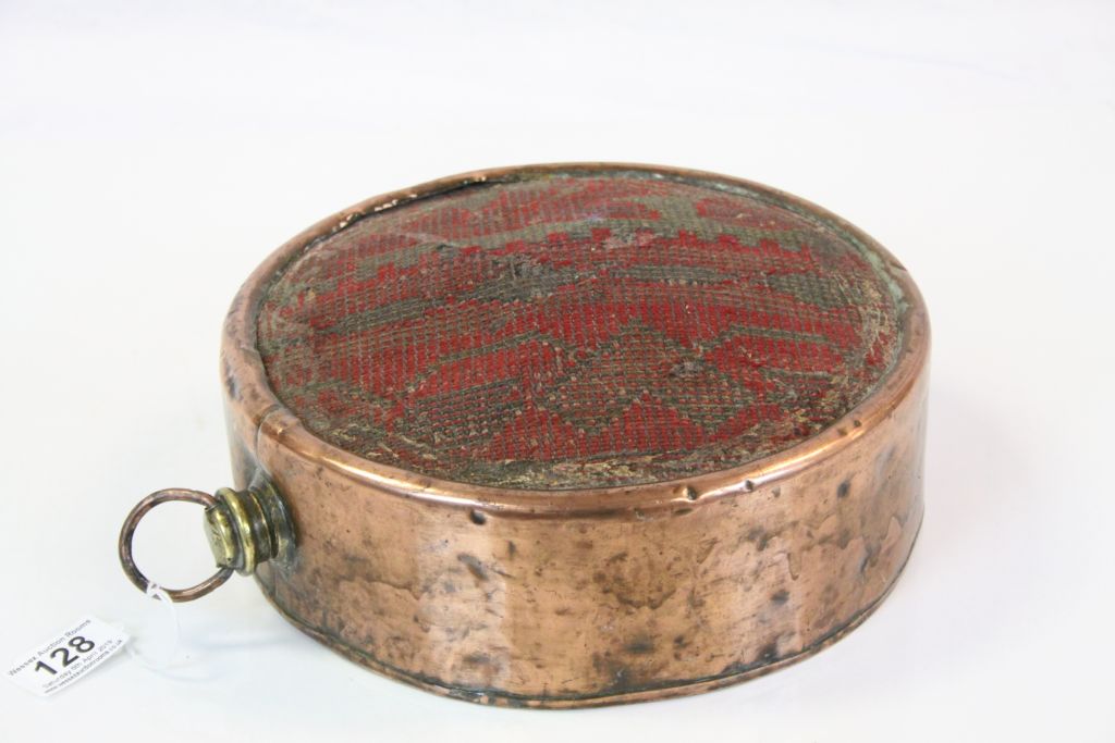 19th century Copper Circular Coach Foot Warmer with Carpet covered top, 26cms diameter