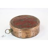 19th century Copper Circular Coach Foot Warmer with Carpet covered top, 26cms diameter