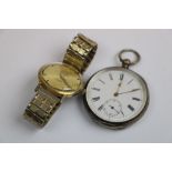 Swiss silver open face key wind pocket watch, white enamel dial and subsidiary dial, black Roman