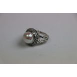 Silver and CZ Dress Ring with Large Central Freshwater Pearl