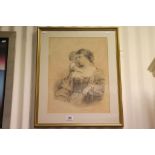 Pencil Drawing of a 17th century Seated Mother with Child signed A W Down, 46cms x 36cms, framed and