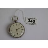 Silver open face key wind pocket watch, cream enamel dial and subsidiary dial, black Roman numerals,