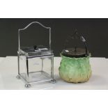 Art Deco Glass and Chrome Biscuit Barrel 12cms and 19th century Ceramic Leaf Design Biscuit Barrel