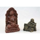 Chinese Bronzed Sitting Happy Buddha, 8cms and Clay Oriental Monk, 18cms high