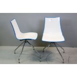 Two Italian Scab Zebra Designer Chairs, Corn Flower Blue and White on Splayed Swivel Chrome Legs