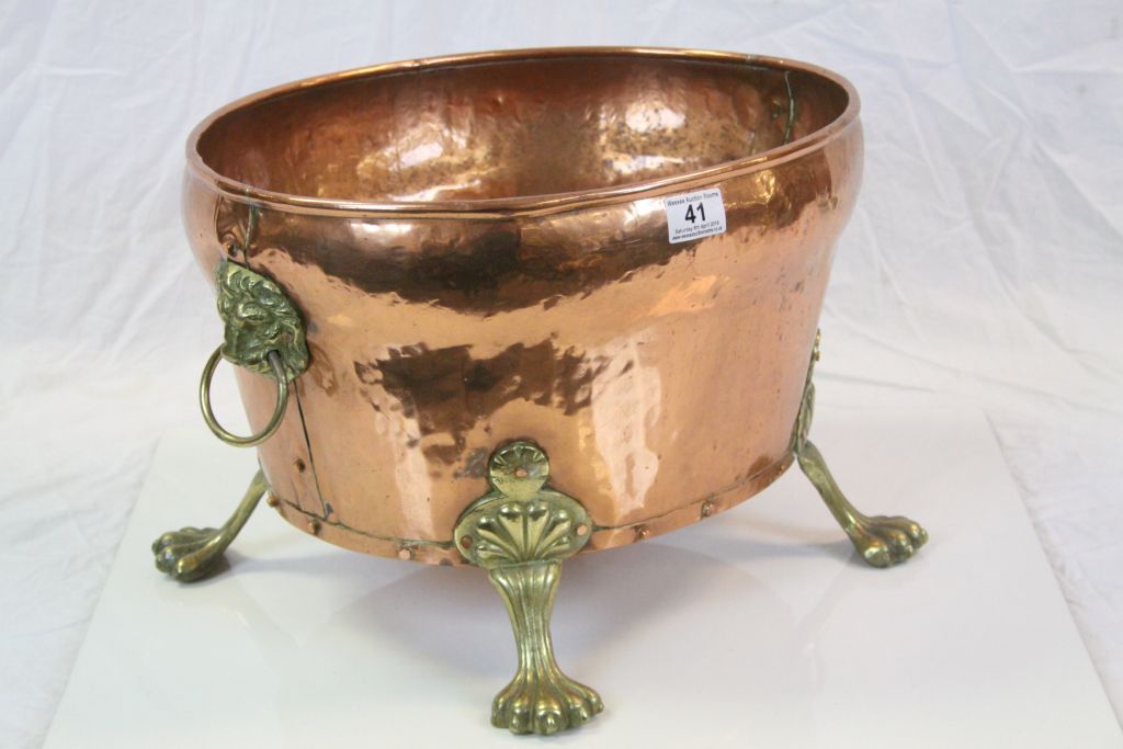 Copper log basket with rivet joins, Brass Lion masque handles and Claw feet, stands approx 30cm - Image 2 of 3