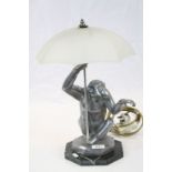 Art Deco Lamp with cast Aluminium Monkey with Umbrella glass shade and on an Octagonal Marble