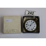 Ingersoll open face top wind pocket watch, black Arabic numerals and poker hands, white enamel