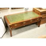 Mahogany Campaign Style Coffee Table with Green Leather inset top, brass banding and three drawers