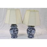 Pair of Blue and White Ceramic Table Lamps in the form of Chinese Lidded Jars, approx. 30cms high