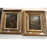 Pair of Antique Oil on Board Paintings of Tavern Scenes with Figures in Later Frames, one with