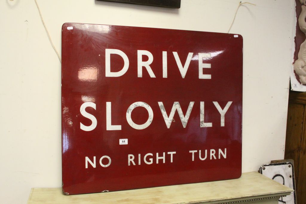 Large vintage Enamel sign "Drive Slowly No Right Turn" in Midland Railway colours, measures approx