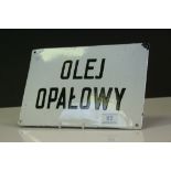 Vintage black & white Enamel "Fuel Oil" sign in Polish, approx 30 x 20cm