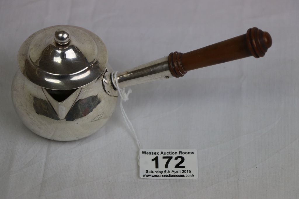 Georgian Style Silver Plated Lidded Brandy Warming Pan with Turned Wooden Handle - Image 2 of 5