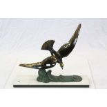 French Art Deco two piece coloured Metal model of a Seagull over Waves, on a two colour Marble base,