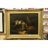 Ornate Gilt framed Oil on canvas depicting two Dogs with Fox and Game Birds, approx 76 x 60cm to