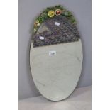 Vintage 1930's Oval Bevelled Edge Wall Mirror with Barbola Style Floral Decoration, 66cms long