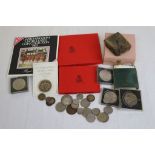 Small collection of coins to include commemorative crowns, snake skin coin purse, paste buckle,