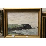 Oil on Board, Cliffs and Seascape, signed Hart? Knight 65, 42cms x 31cms, gilt framed