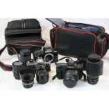 Canon T80 35mm Single Lens Reflex Camera with Lens and Flash Gun contained in a Soft Camera Case