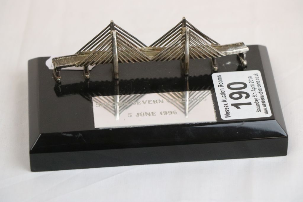 Hallmarked Silver Model of The Second Severn Bridge on Wooden Plinth - Image 3 of 4